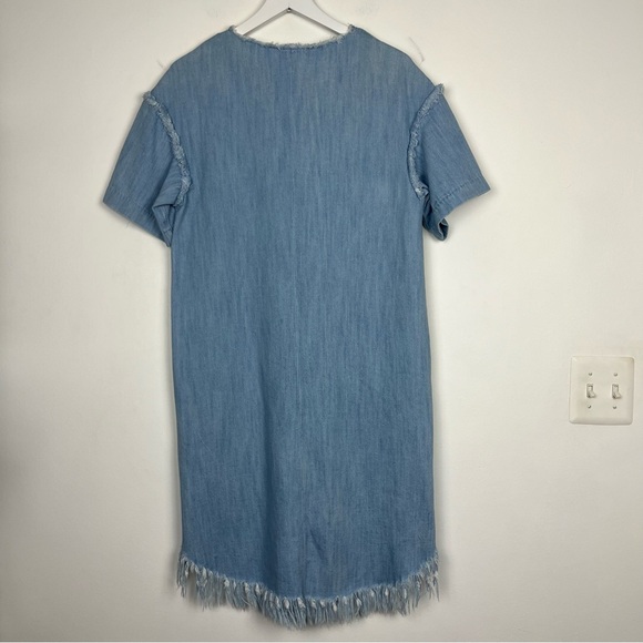 Zara Trafaluc Collection Chambray Short Sleeve Raw Hem High Low Denim Dress - Picture 2 of 7